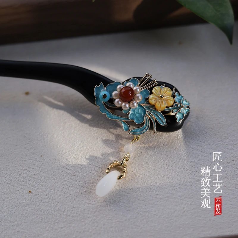 【簪韵】古风簪子双面正宗檀木烧蓝国风旗袍新中式盘发簪日常款木质