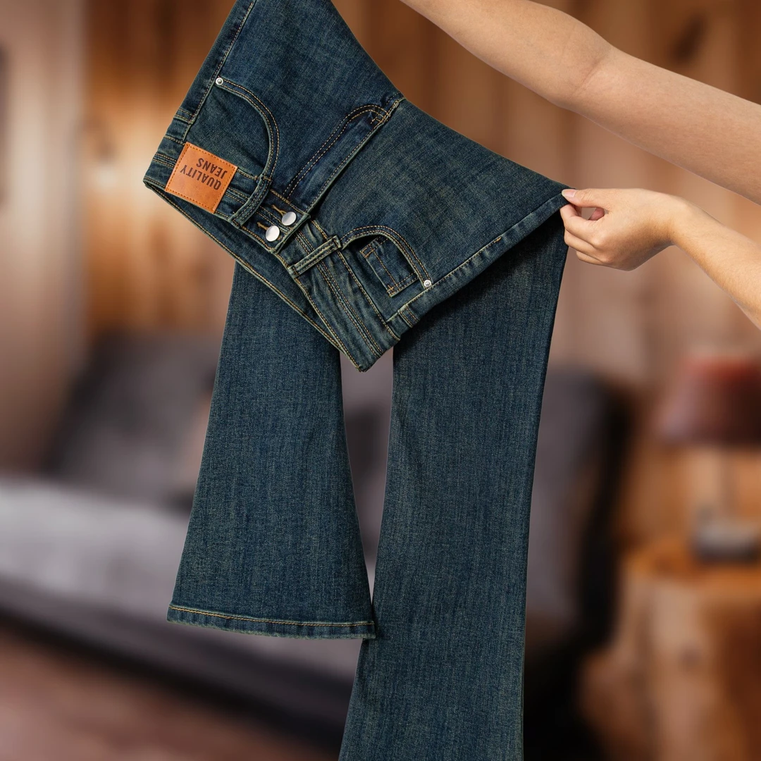 复古蓝双排扣微喇牛仔裤女2025年秋季新款高腰修身弹力显瘦裤子