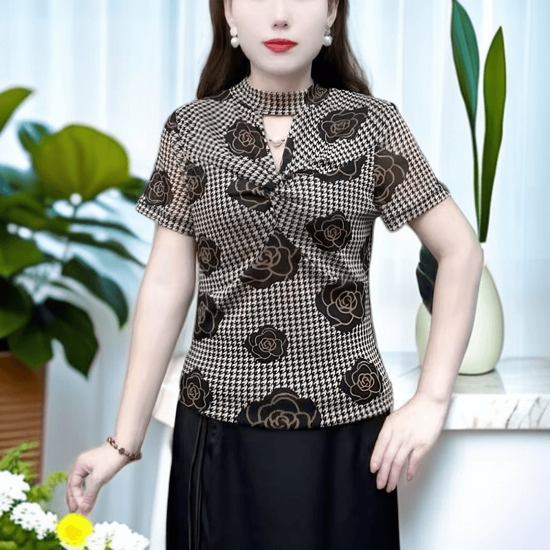 2024新款时尚洋气半高领扭结镂空设计上衣显瘦气质百搭印花T恤