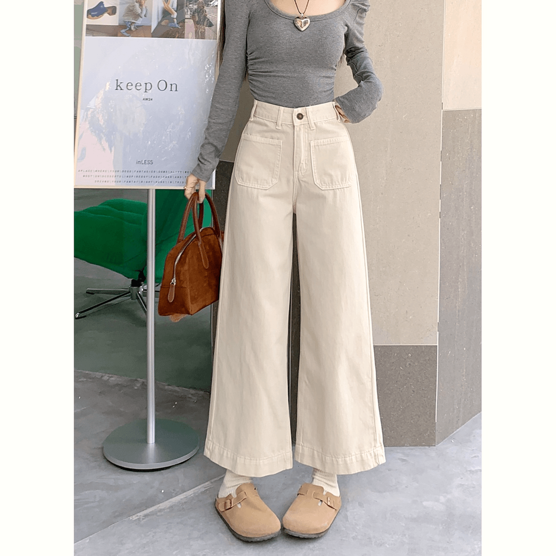 春季新款直筒牛仔长裤女装小个子高腰设计感小众杏色宽松阔腿裤子