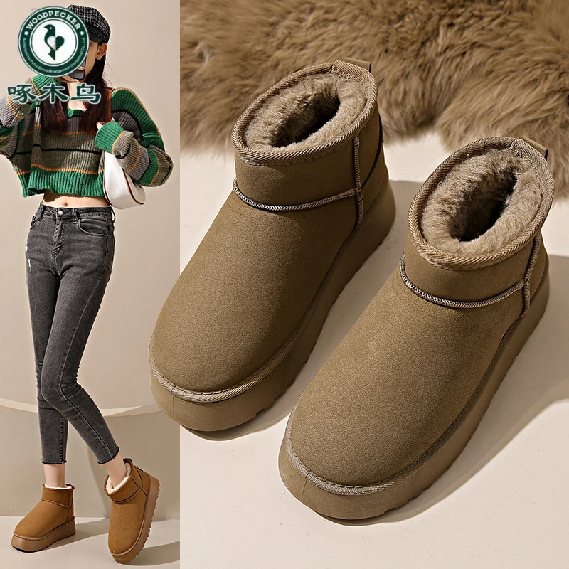 啄木鸟厚底雪地靴女2024新款冬季鞋子加绒加厚短筒保暖外穿大棉鞋