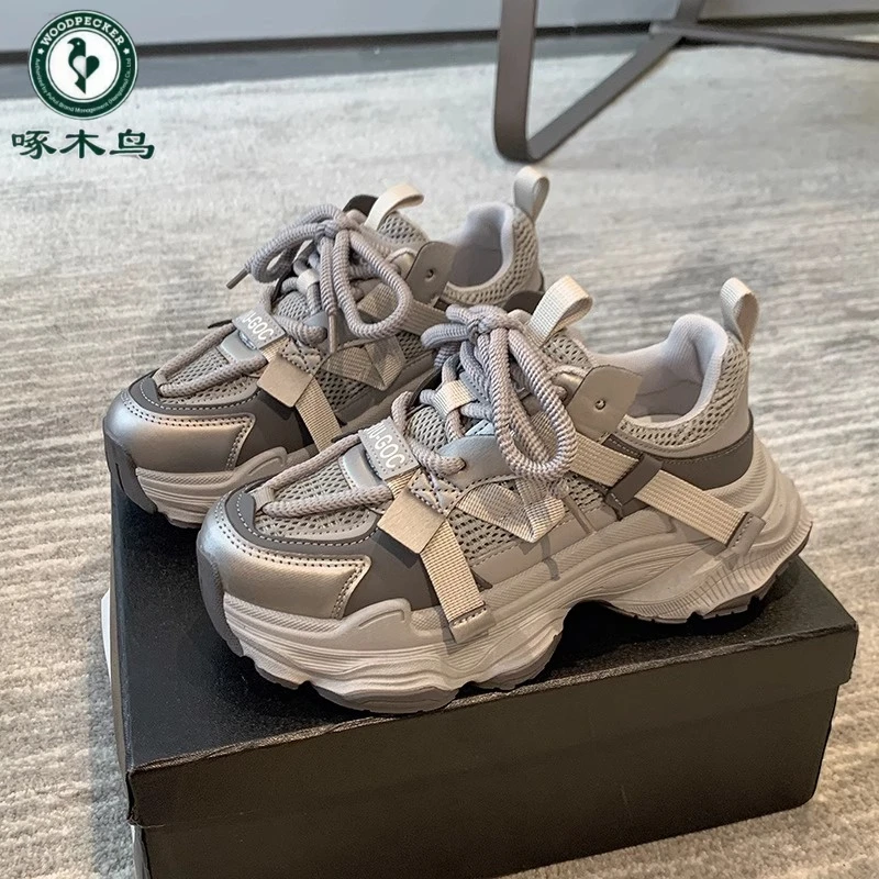 啄木鸟网面老爹鞋女厚底松糕2024年秋季新款百搭爆款增高休闲女鞋