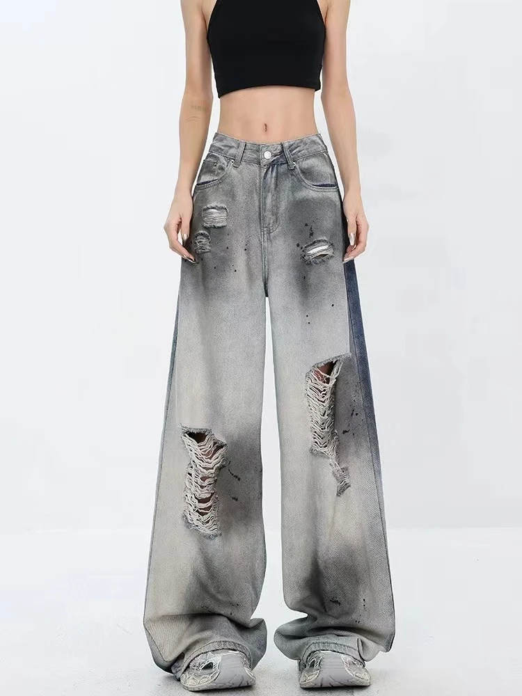 夏季薄款新款美式阔腿水洗破洞蓝色牛仔裤女直筒垂感设计感长裤