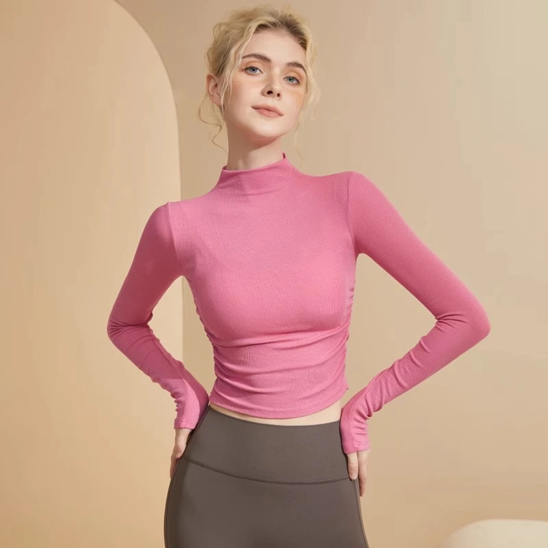 网红半高领显瘦瑜伽服女秋冬长袖t恤弹力健身普拉提打底运动上衣