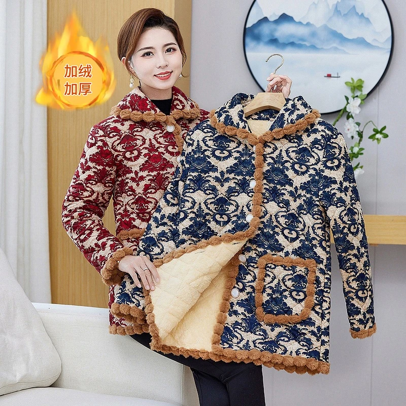中老年女妈妈冬装棉衣外套加绒保暖棉服奶奶秋冬加厚老年棉袄上装