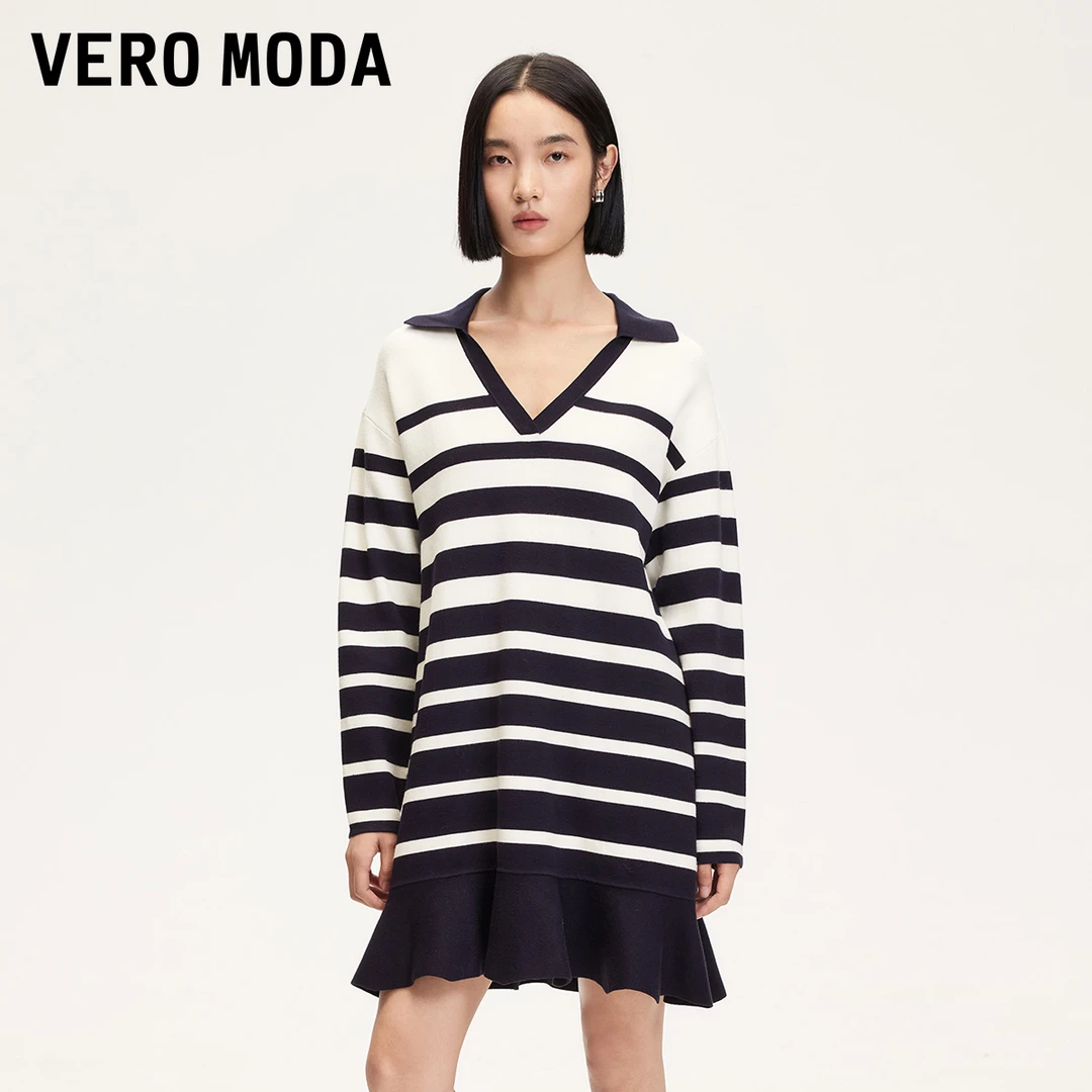Vero Moda欧若风连衣裙女早春新款条纹荷叶边针织裙百搭325146001