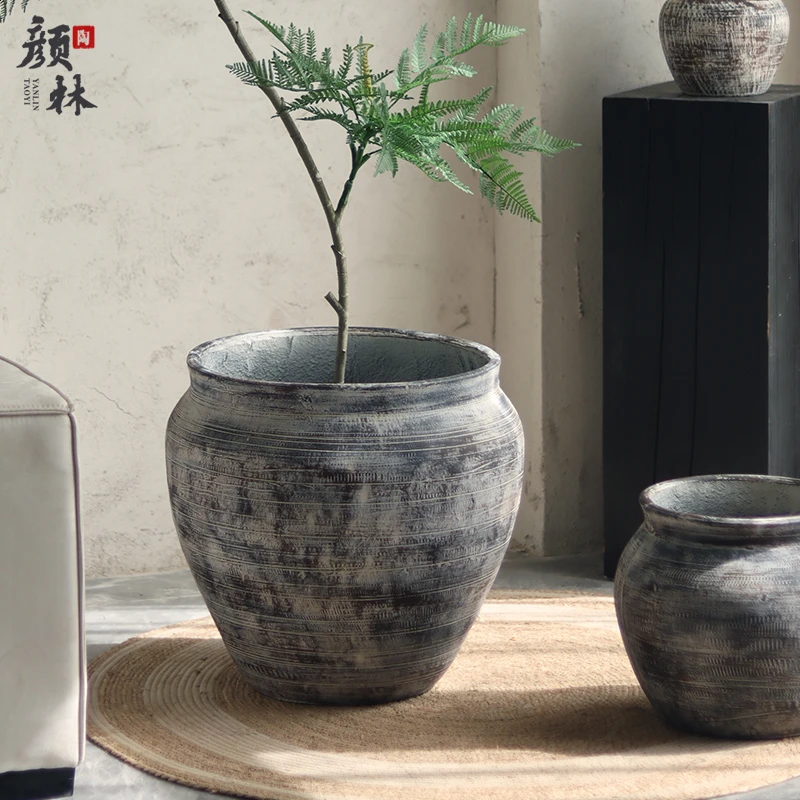 灰色艺术水泥花盆复古大花盆龙舌兰蓝楹花室内客厅绿植盆酒店装饰