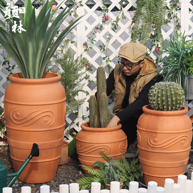 景观落地红陶盆粗陶盆花园装饰罐园林庭院花盆田园透气陶罐组合
