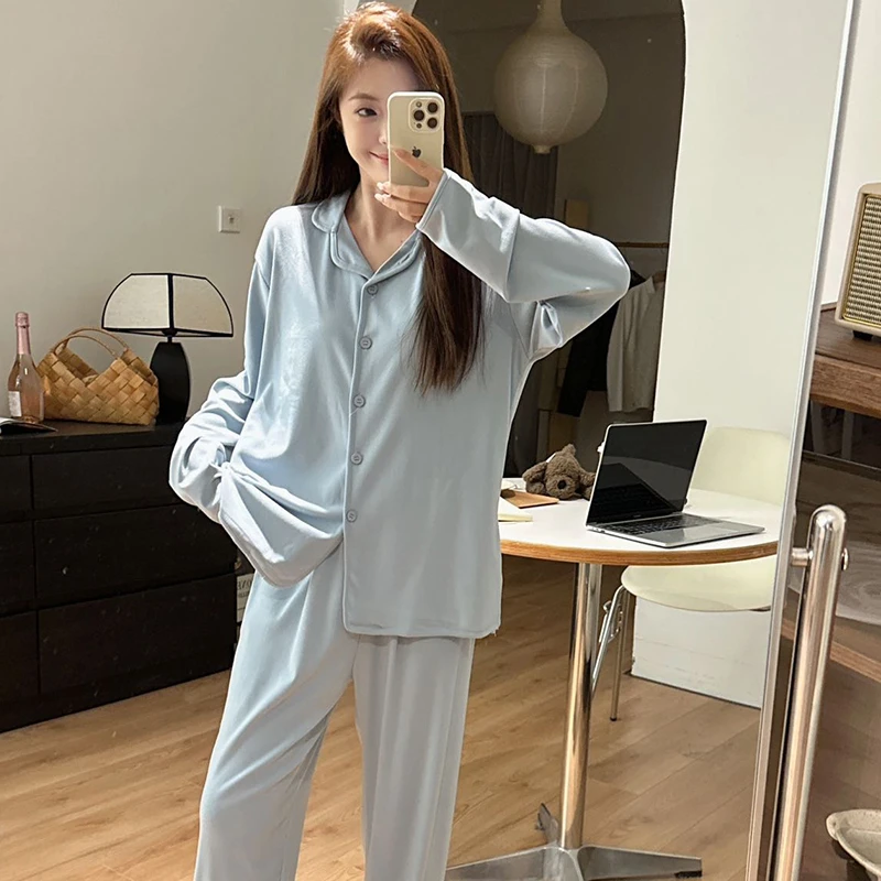 2024新款秋冬季德绒睡衣女长袖纯色小翻领软糯保暖家居服套装