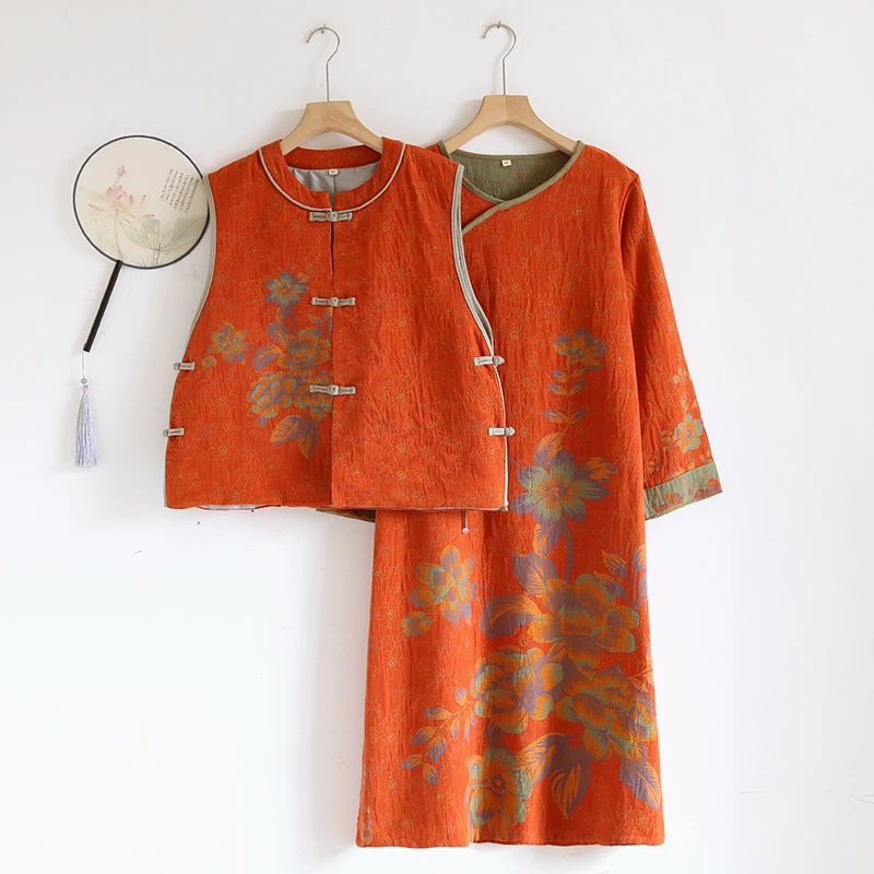 【锦喜】冬季新品国风款新中式色织提花棉高定款定位花马甲睡裙套装