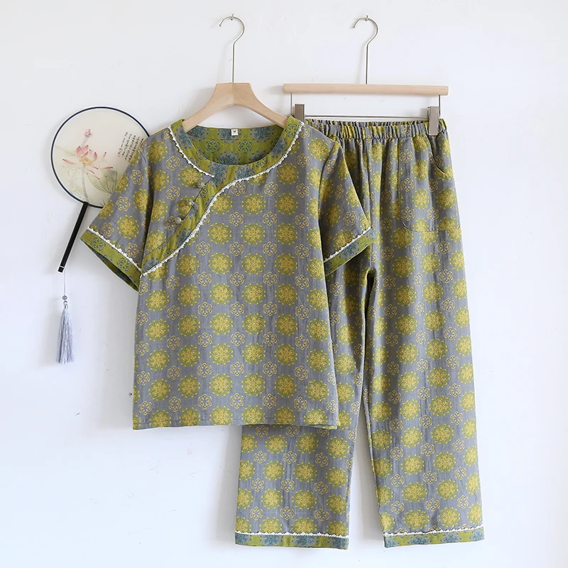 【锦喜】新品上新夏款新中式盘扣提花色织棉工艺家居服短袖长裤套装
