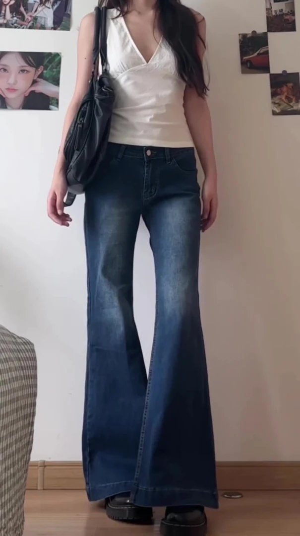 美式百搭美少女经典显瘦蓝色水洗微喇阔腿牛仔裤拖地休闲裤女夏季