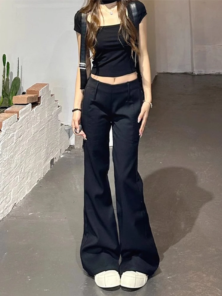 美式辣妹黑色西装裤女夏季新款复古修身阔腿显瘦微喇叭休闲长裤子