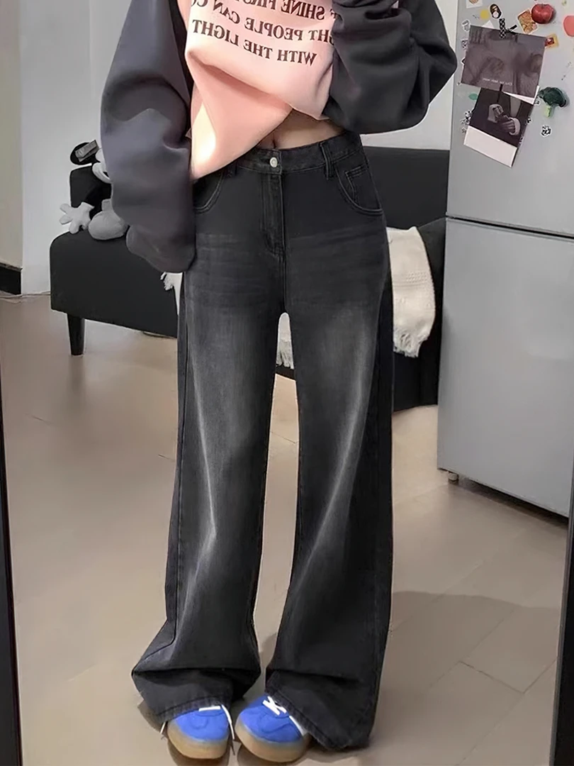 大码美式复古水洗黑灰色阔腿牛仔裤女秋季辣妹高腰宽松显瘦直筒裤