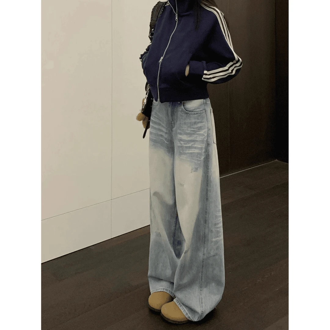 一穿爱上！水洗抓纹直筒宽松牛仔裤女胖mm高腰显瘦美式复古阔腿裤