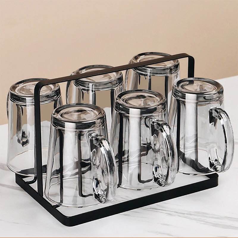 简约现代玻璃杯家用客厅待客茶杯带把手水杯家庭喝水杯子杯架