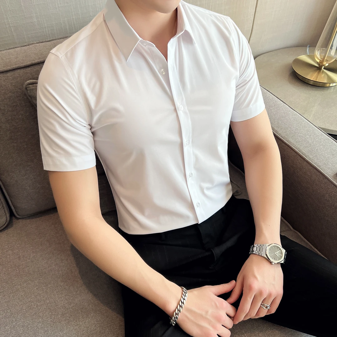 纯色冰丝短袖衬衫男士夏季新款休闲时尚帅气高级感半袖修身衬衣潮