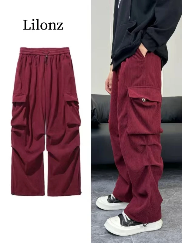 【Lilonz】夏季爆款灯芯绒男阔腿潮流宽松垂感休闲百搭褶皱工装裤