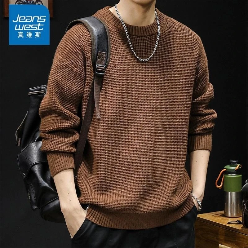 Jeanswest/真维斯秋季男士毛衣美式休闲百搭纯色圆领保暖针织衫男