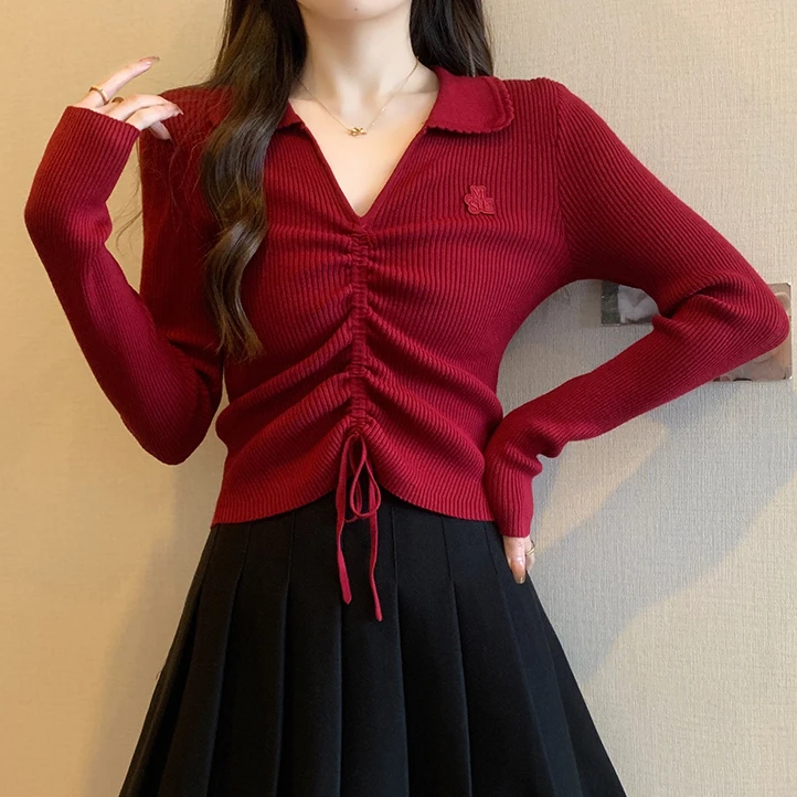 安可拉红v领针织衫女不规则洋气显瘦设计感紧身内搭针织长袖10187