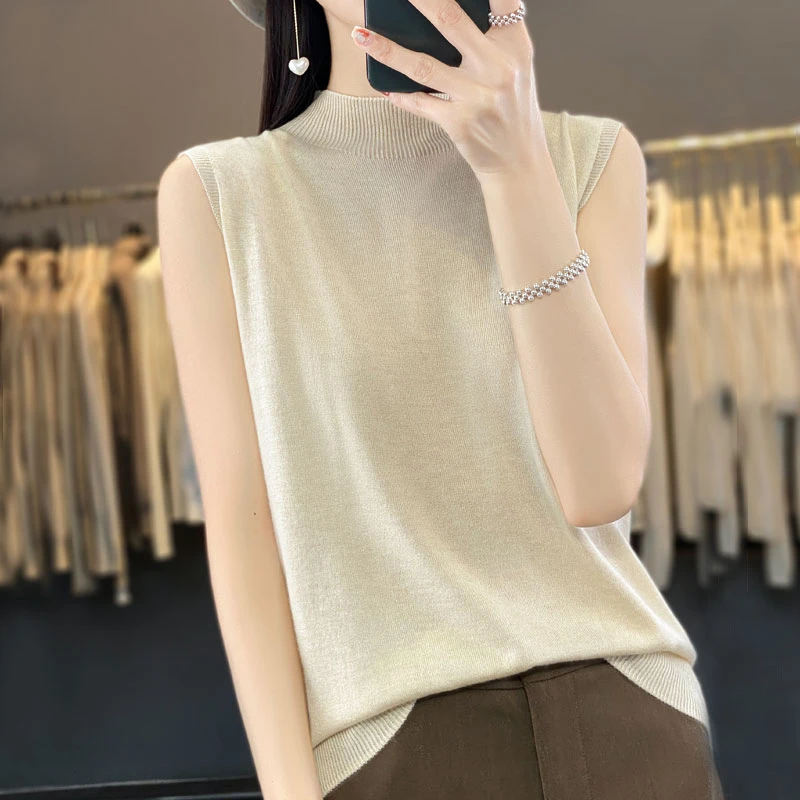 春夏款一线成衣针织吊带背心女半高领纯色修身显瘦上衣无袖打底衫