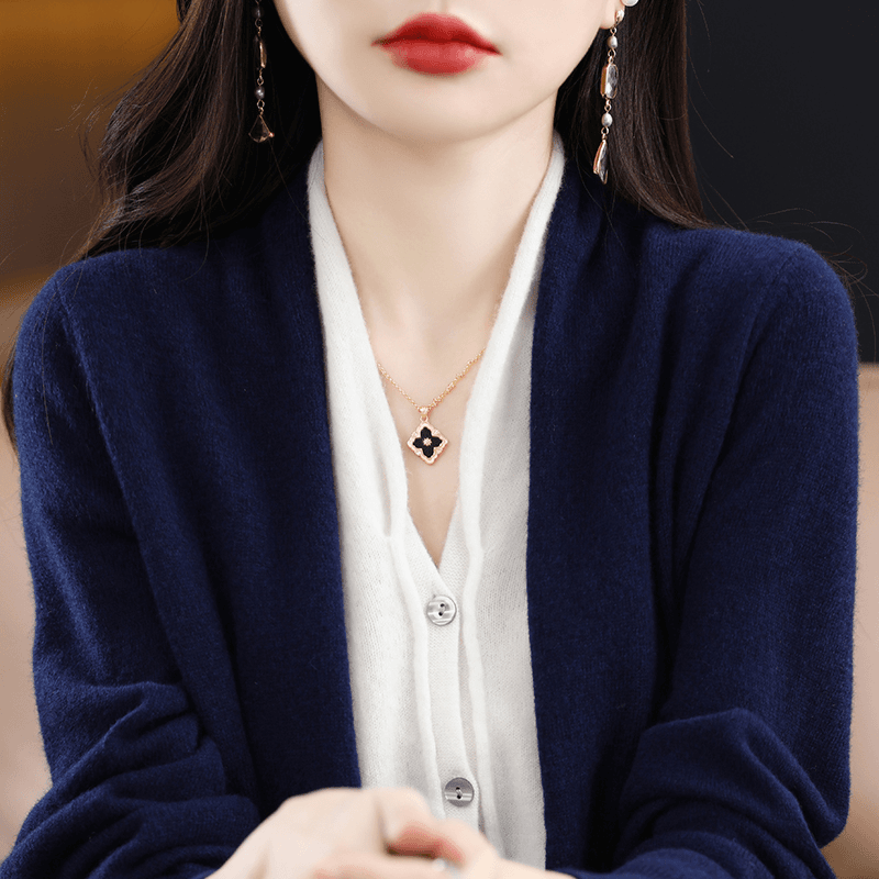 秋冬新款V领羊毛针织开衫女毛衣假两件撞色气质外套叠穿显瘦上衣