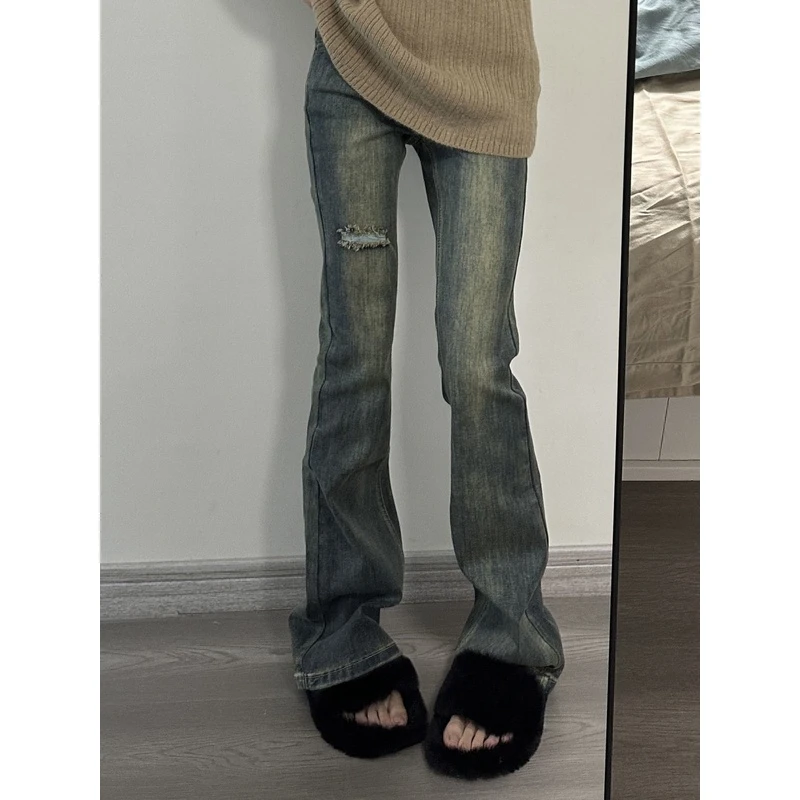 复古辣妹破洞微喇叭牛仔裤女夏季新款修身显瘦弹力直筒马蹄裤子潮