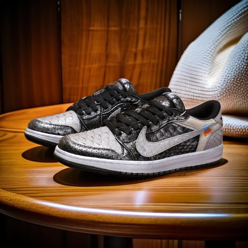 NIKE/耐克联名款蟒蛇皮低帮【定制球鞋】百搭潮鞋情侣款黑银擦色