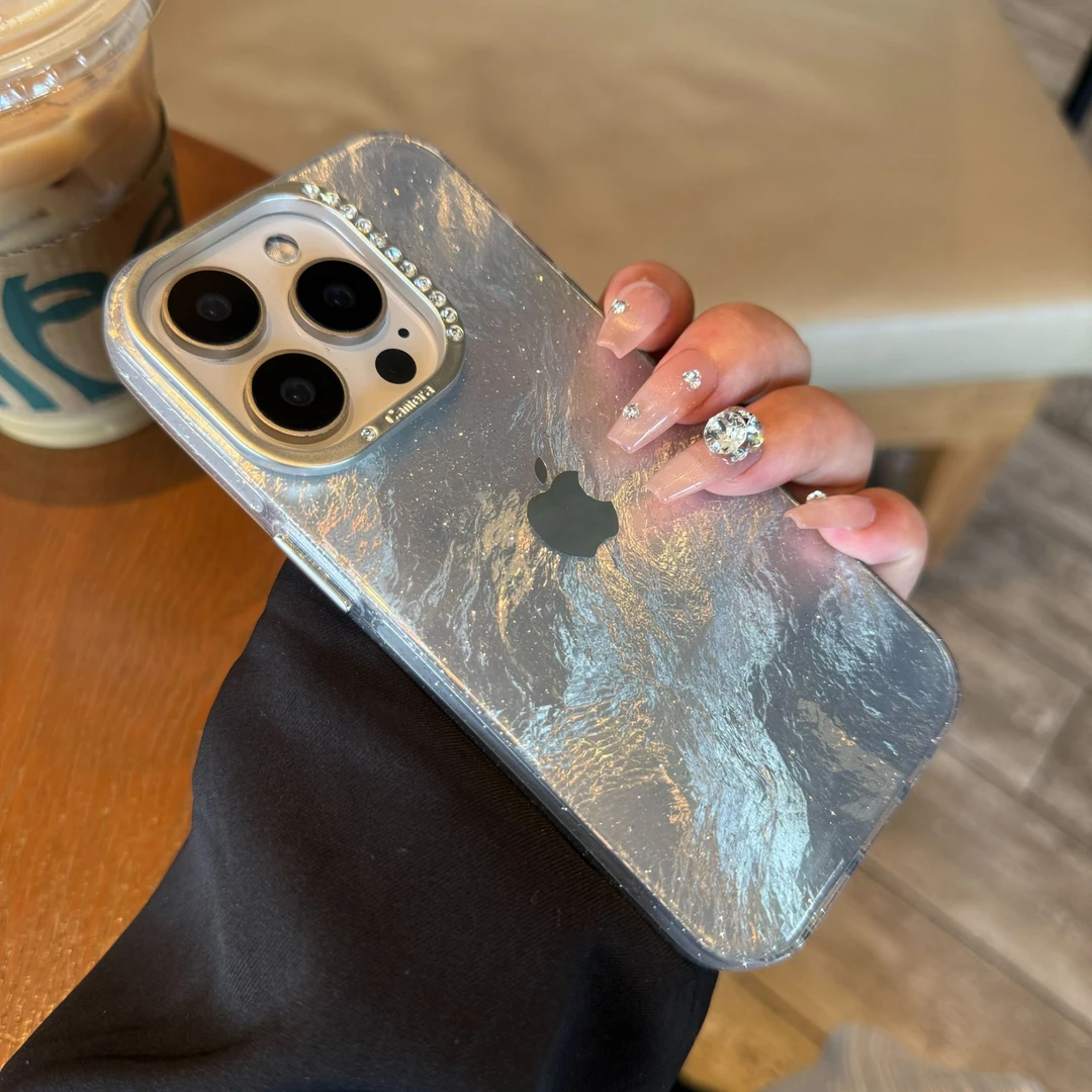 高档点钻框锡纸纹适用iPhone15Promax苹果13手机壳14亚克力11/12