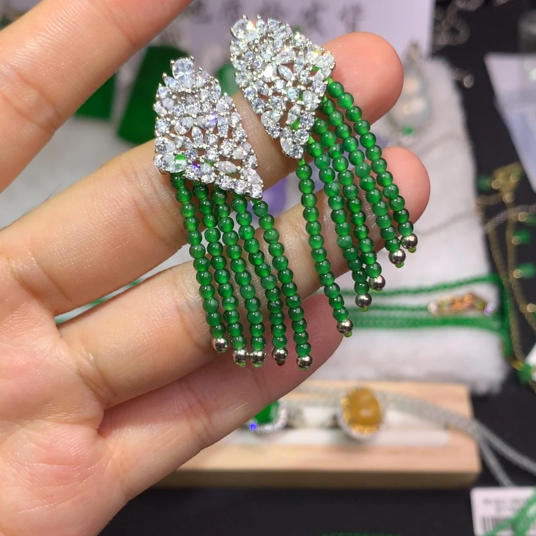 翡翠耳饰银S925镶嵌56789