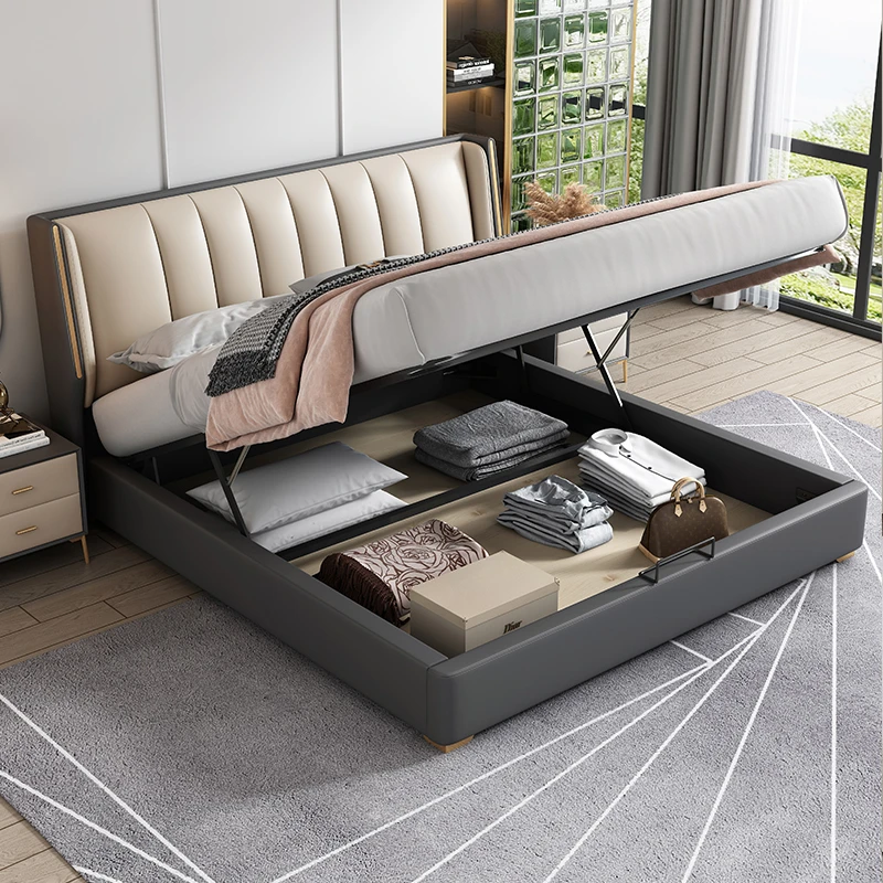 苏宁肯德尔轻奢真皮床双人床现代简约主卧大床软包婚床极简主卧室