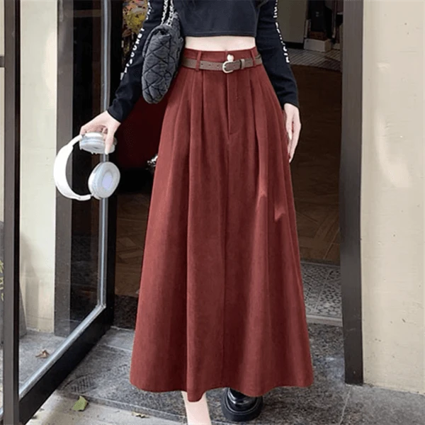 【巴韩】玲姐家1882时尚百搭韩灯芯绒高腰显瘦中长大摆A字半身长裙