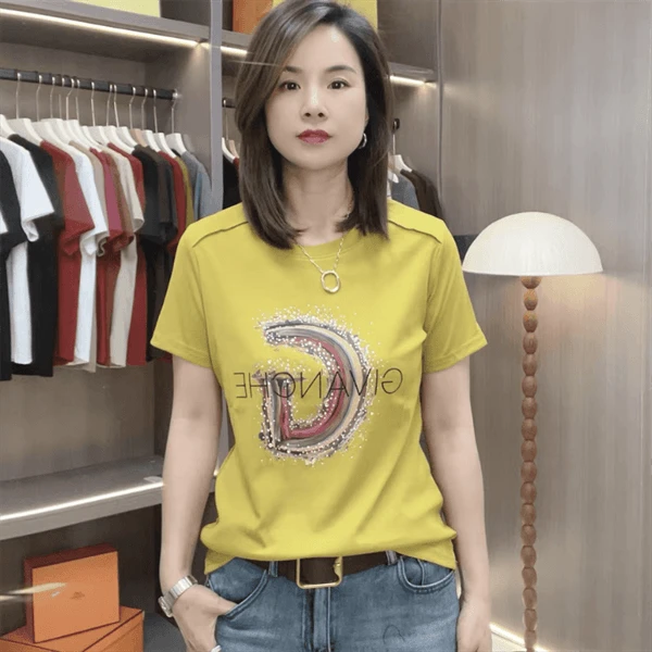 【巴韩】玲姐家3719时尚百搭休闲印花烫钻圆领短袖休闲显瘦韩版T恤
