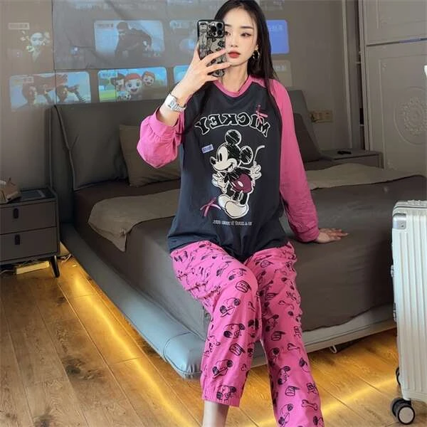 【巴韩】玲姐家78时尚百搭休闲韩版甜美卡通图长袖上衣＋长裤套装