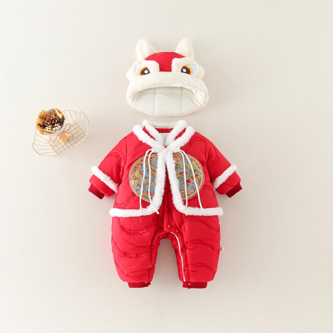 拜年服婴连体加绒加厚冬季新生保暖红色喜庆百天满月周岁礼服