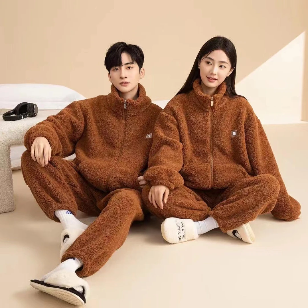 摇粒绒立领拉链情侣款冬季舒绒加绒加厚保暖家居服睡衣套装