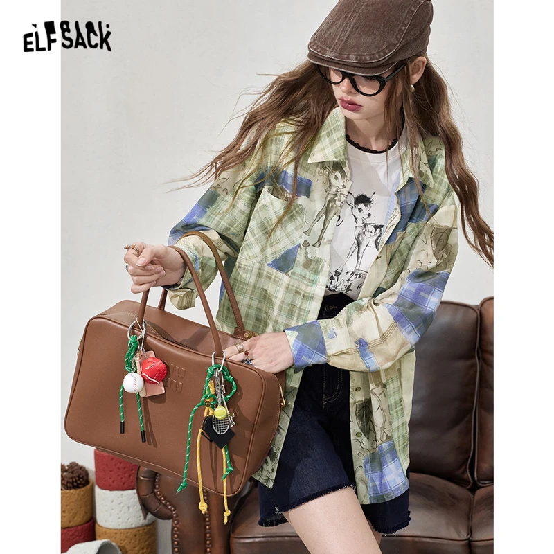 妖精的口袋 淘气小女巫 学院风复古格子印花衬衫女2024夏新款小众