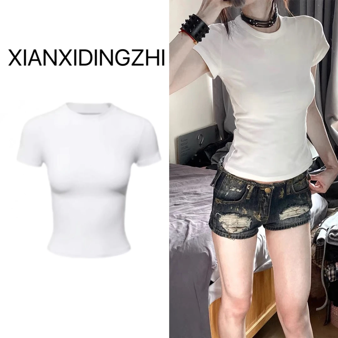 美式辣妹短袖T恤女夏季新款修身显瘦收腰上衣纯色基础圆领打底衫