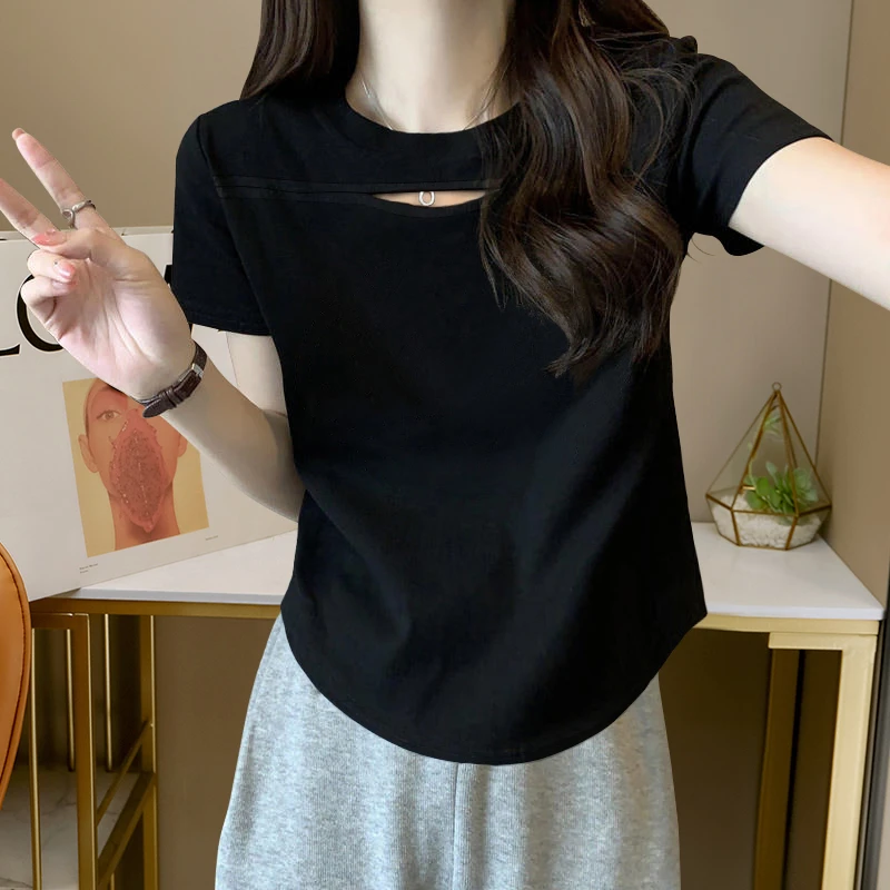 棉质镂空正肩短袖T恤女短袖2024夏季新款正肩小个子减龄短款上衣