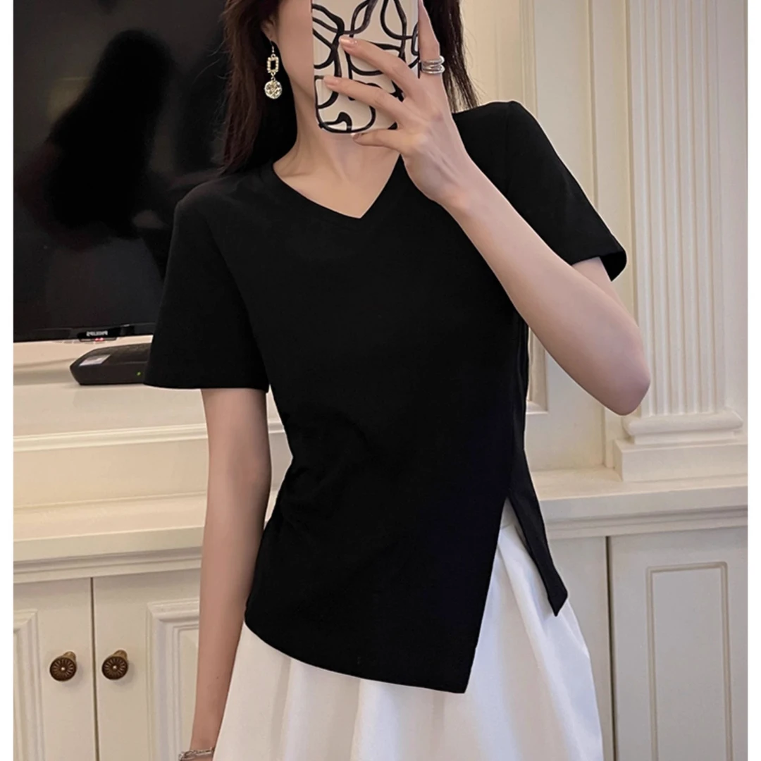 棉质设计感不规则v领t恤短袖2024夏季遮肚子显瘦白色正肩内搭