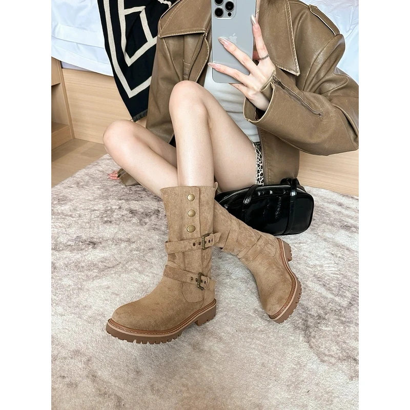 [Findme41-43]复古两穿加绒皮带扣美拉德中筒骑士靴翻毛绒面大码