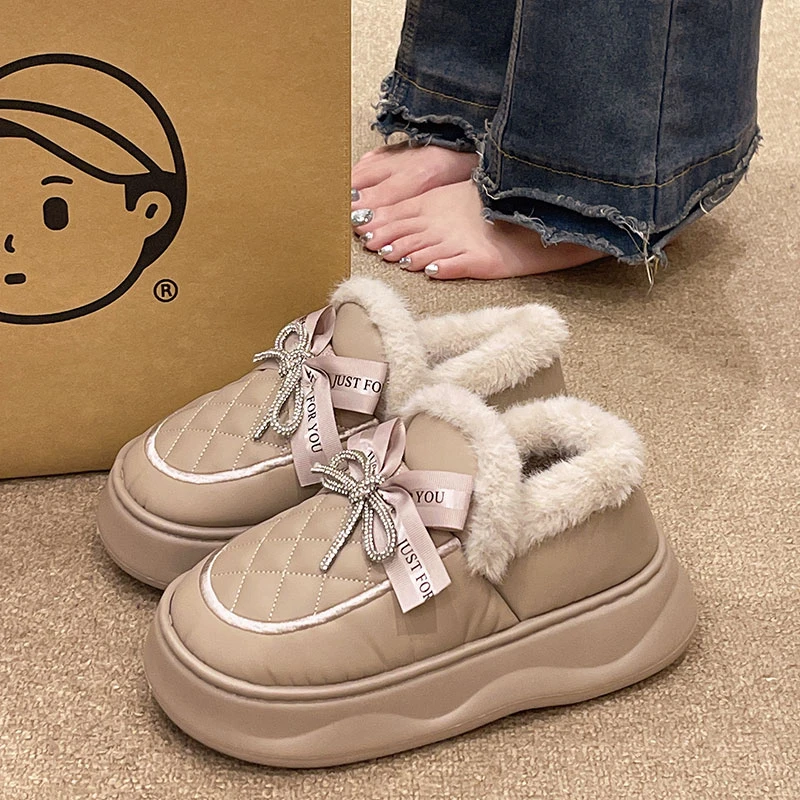 时尚水钻蝴蝶结棉拖鞋女款冬季室内外穿加绒加厚保暖防水包跟棉鞋