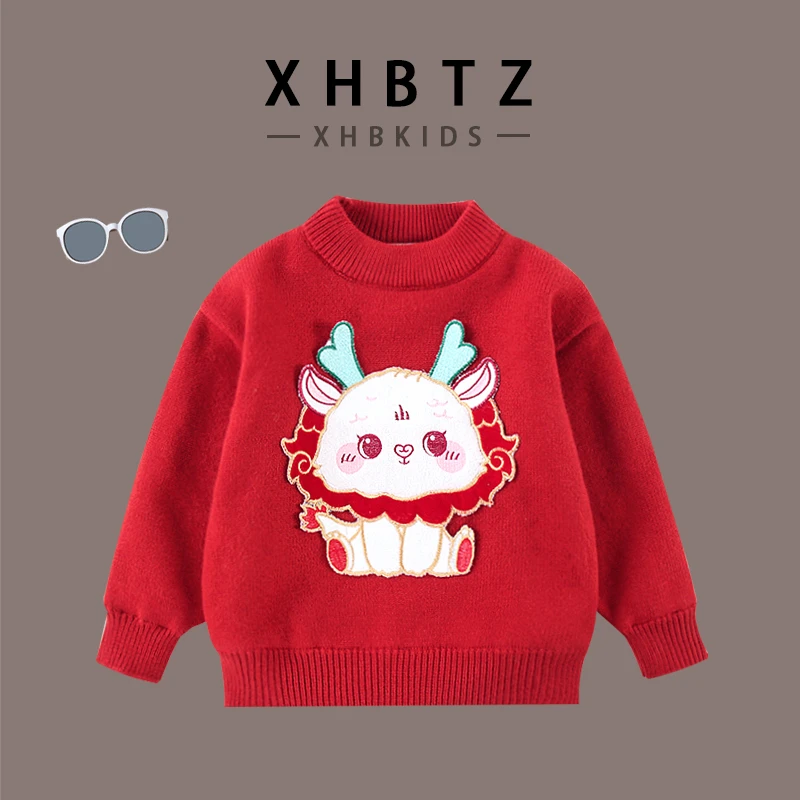 儿童冬季外套上衣宽松加绒加厚秋冬圆领年服拜年服毛衣套头小童