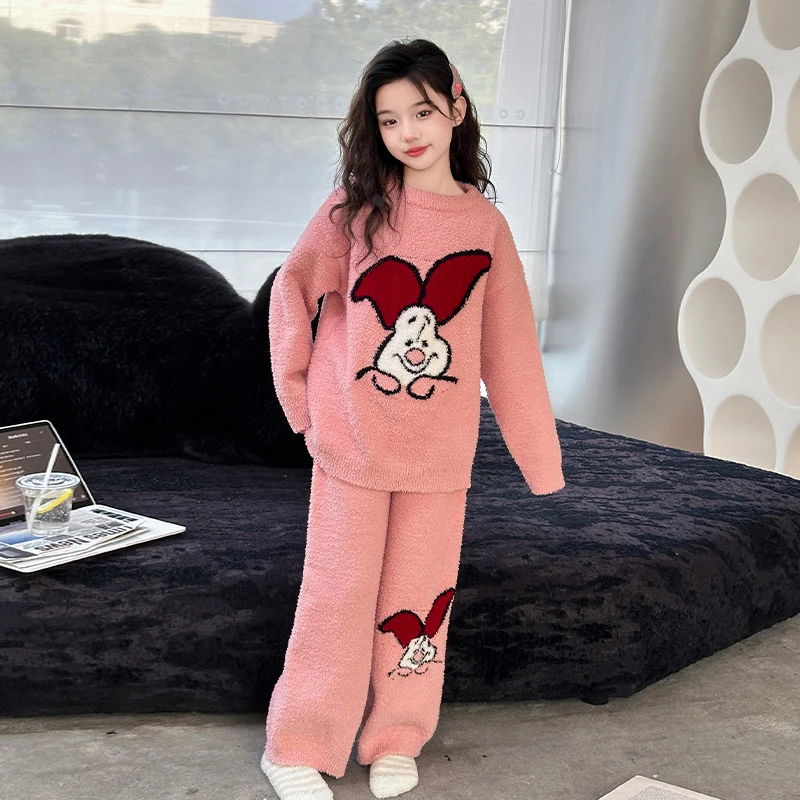 女童睡衣秋冬2025新款女大童半边绒家居服女孩珊瑚法兰绒保暖套装