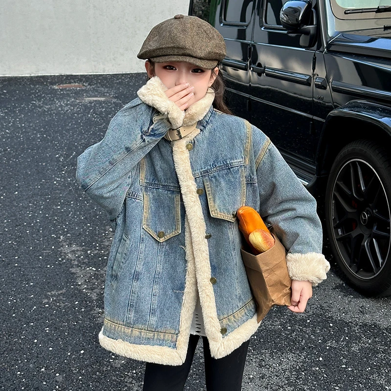 女童秋冬牛仔外套2024新款6-12岁潮款高级感大童女孩冬季加绒上衣
