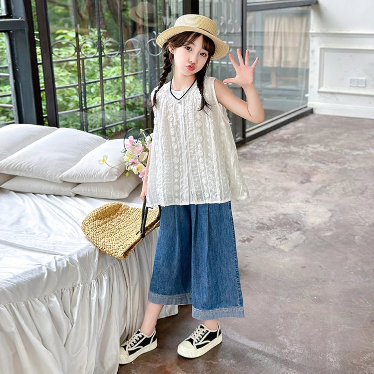 女童夏季套装2024新款洋气潮款中大儿童提花背心宽松阔腿裤两件套