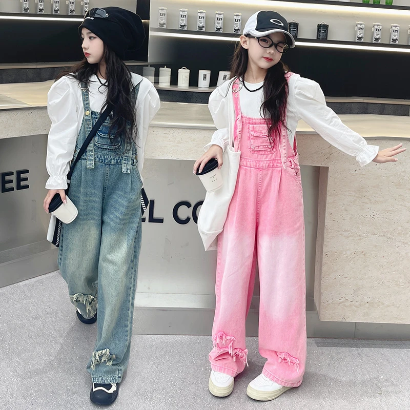 女童牛仔背带裤套装春秋2025新款儿童秋季长裤中大童韩范休闲裤子