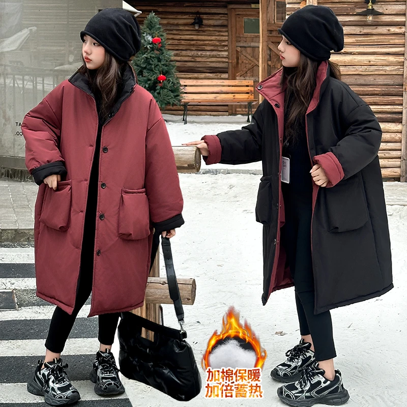 女童中长款加厚洋气两面穿棉衣外套2024新款韩版大童冬季保暖棉服