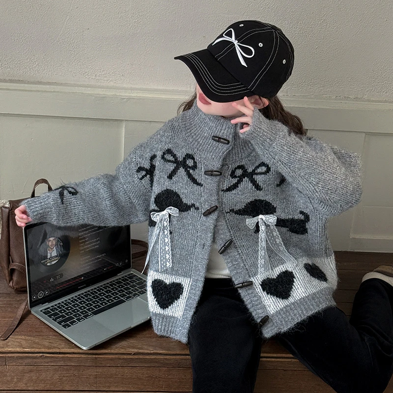 女童开衫毛衣加厚秋冬2025新款儿童灰色针织外套大童韩系穿搭衣服