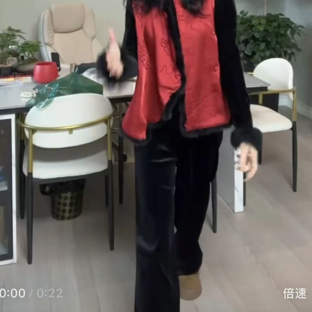 王芳家新款百搭宽松加绒金丝绒拖地裤